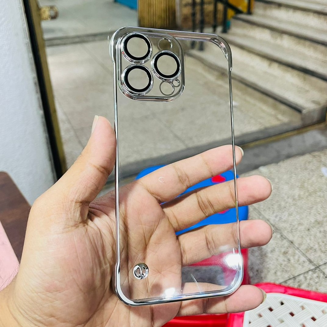 Frameless Hard side silver back transparent with camera protection for iPhone 11 to 16 pro max